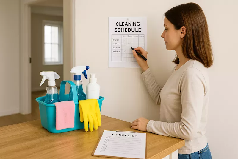 “Person följer städschema i nytt hem – organiserad veckostädning med checklistor, rengöringsmedel och städutrustning för ett välskött hem”